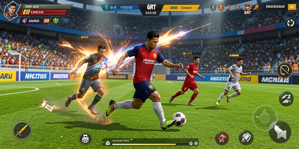 Screenshot dari gameplay 6RT menampilkan aksi sepak bola yang mendebarkan.