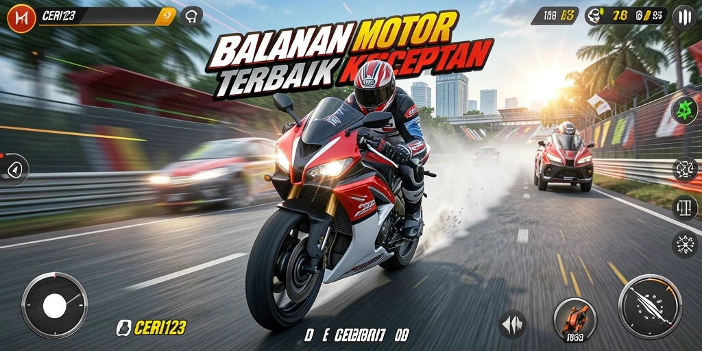 Gameplay CERI123 menampilkan aksi balapan motor yang seru dan mendebarkan.