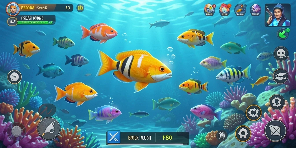 Tampilkan gameplay seru P200M saat menembak ikan di bawah laut.